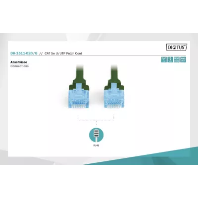 Патч-корд CAT 5e U-UTP, Cu, PVC AWG 26/7, довжина 2 м, колір зелений DK-1511-020/G DIGITUS by ASSMANN
