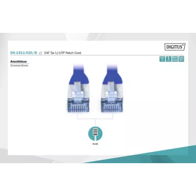 Патч-корд CAT 5e U-UTP, Cu, PVC AWG 26/7, довжина 2 м, колір синій DK-1511-020/B DIGITUS by ASSMANN