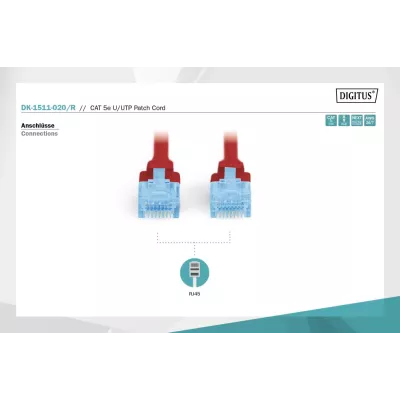 Патч-корд CAT 5e U-UTP, Cu, PVC AWG 26/7, довжина 2 м, колір червоний DK-1511-020/R DIGITUS by ASSMANN
