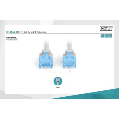 Патч-корд CAT 5e U-UTP, PVC AWG 26/7, довжина 5 м, колір сірий DK-1512-050 DIGITUS by ASSMANN