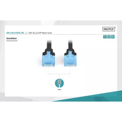 Патч-корд CAT 5e U-UTP, ПВХ AWG 26/7, довжина 0,5 м, чорний DK-1512-005/BL DIGITUS by ASSMANN