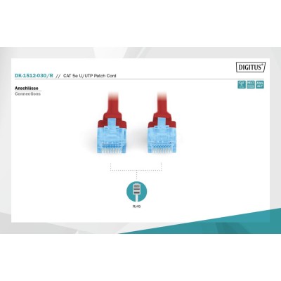 Патч-корд CAT 5e U-UTP, ПВХ AWG 26/7, довжина 3 м, колір червоний DK-1512-030/R DIGITUS by ASSMANN