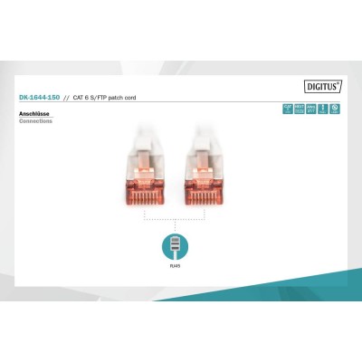 Патч-корд CAT 6 S-FTP, Cu, LSZH AWG 27/7, довжина 15 м, колір сірий DK-1644-150 DIGITUS by ASSMANN