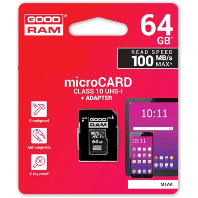 Картка пам'ятi GOODRAM microSDXC 64GB Class 10 UHS I + ad