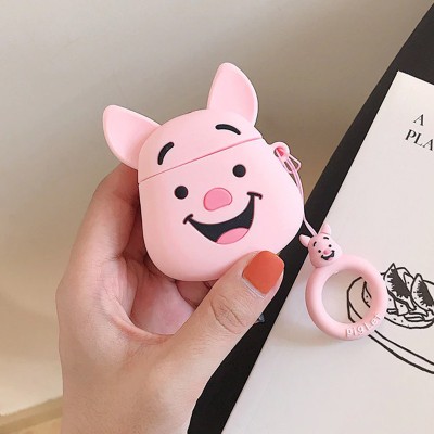 Силіконовий футляр Disney series для навушників AirPods + кільце П'ятачок / Рожевий