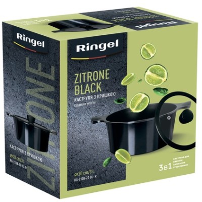 Каструля RINGEL Zitrone Black 20x9.5 см (2,5л) з кришкою (RG-2108-20 BL**) Каструля RINGEL Zitrone Black 20x9.5 см (2,5л) з кришкою (RG-2108-20 BL**)