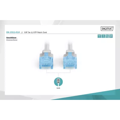 Патч-корд CAT 5e U-UTP, Cu, PVC AWG 26/7, довжина 1 м, колір сірий DK-1511-010 DIGITUS by ASSMANN