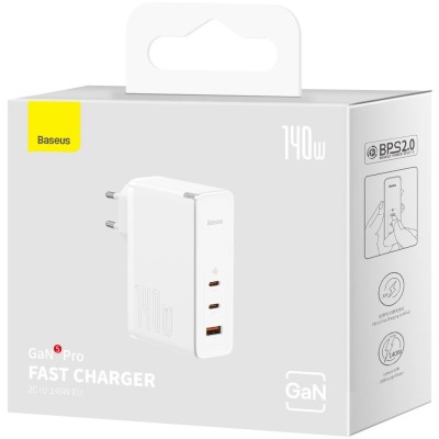 Зарядний Пристрій Baseus GaN5 Pro 140W 2 x Type-C + USB + Кабель Type-C - Type-C (CCGP100202) white Зарядний Пристрій Baseus GaN5 Pro 140W 2 x Type-C + USB + Кабель Type-C - Type-C (CCGP100202) white