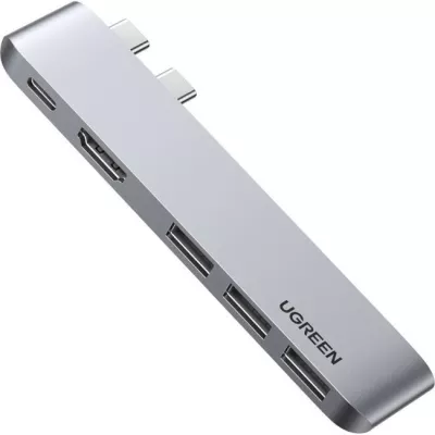USB-хаб UGREEN CM251 5-in-2 Dual USB Type-C To 3x USB 3.0 + HDMI + USB Type-C Multifunction Adapter Space Gray (60559)