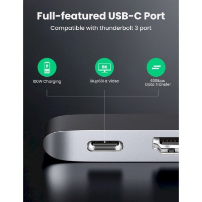 USB-хаб UGREEN CM251 5-in-2 Dual USB Type-C To 3x USB 3.0 + HDMI + USB Type-C Multifunction Adapter Space Gray (60559)