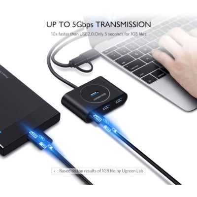 USB-хаб UGREEN CR113 USB 3.0 With USB Type-C Plug 4 Ports HUB 1m Black (40850)