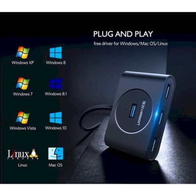 USB-хаб UGREEN CR113 USB 3.0 With USB Type-C Plug 4 Ports HUB 1m Black (40850)