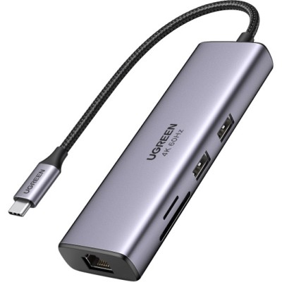 USB-хаб UGREEN CM512 USB Type-C To 2xUSB3.0+HDMI+RJ45+SD&TF +PD Port Converter Gray (60515)