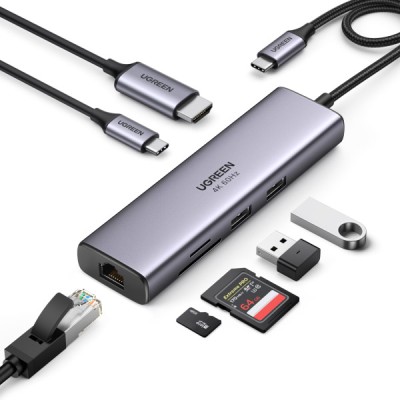 USB-хаб UGREEN CM512 USB Type-C To 2xUSB3.0+HDMI+RJ45+SD&TF +PD Port Converter Gray (60515)