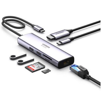 USB-хаб UGREEN CM512 USB Type-C To 2xUSB3.0+HDMI+RJ45+SD&TF +PD Port Converter Gray (60515)