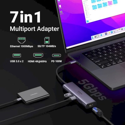 USB-хаб UGREEN CM512 USB Type-C To 2xUSB3.0+HDMI+RJ45+SD&TF +PD Port Converter Gray (60515)