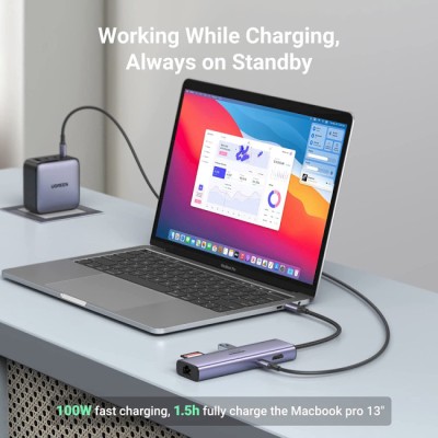 USB-хаб UGREEN CM512 USB Type-C To 2xUSB3.0+HDMI+RJ45+SD&TF +PD Port Converter Gray (60515)