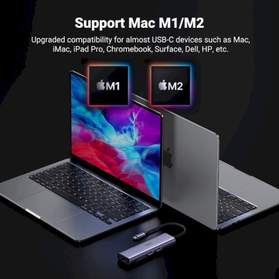 USB-хаб UGREEN CM512 USB Type-C To 2xUSB3.0+HDMI+RJ45+SD&TF +PD Port Converter Gray (60515)
