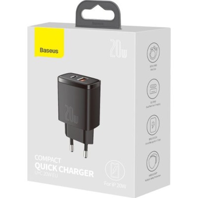 Зарядний Пристрій Baseus 1USB + Type-C Compact Quick Charger 20W (CCXJ-B01) Black
