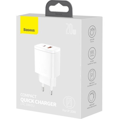 Зарядний Пристрій Baseus 1USB + Type-C Compact Quick Charger 20W (CCXJ-B02) White