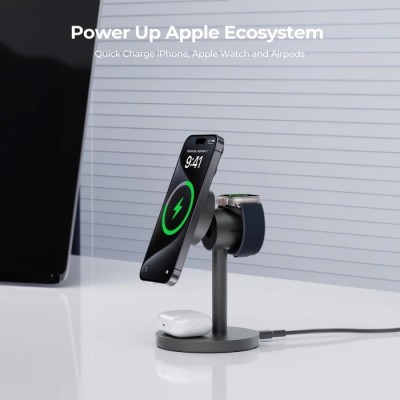 Бездротовий зарядний пристрій Aukey MagFusion 3-in-1 15W Qi2 (LC-MC311) сірий