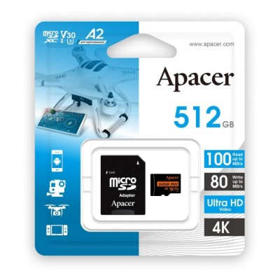 Карта пам'яті Apacer microSDXC UHS-I U3 512GB V30 A2 адаптер +SD (AP512GMCSX10U8-R)