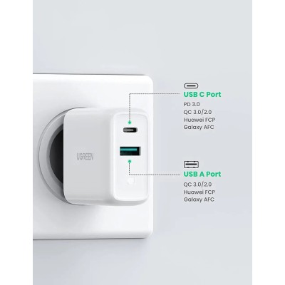 Мережевий Зарядний пристрій UGREEN CD170 USB+USB Type-C Wall Charger 36W 3A (60468) White Мережевий Зарядний пристрій UGREEN CD170 USB+USB Type-C Wall Charger 36W 3A (60468) White