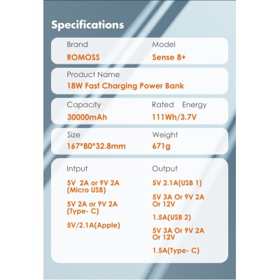Портативна батарея Romoss 30000mah Sense8+ (PHP30-401-02) білий Портативна батарея Romoss 30000mah Sense8+ (PHP30-401-02) білий