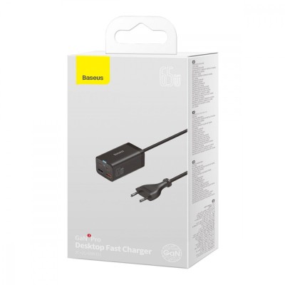 Зарядний Пристрій Baseus GaN3 Pro 65W (2 Type-C + 2 USB) + Cable Type-C to Type-C 100W (1m) (CCGP040101) Black