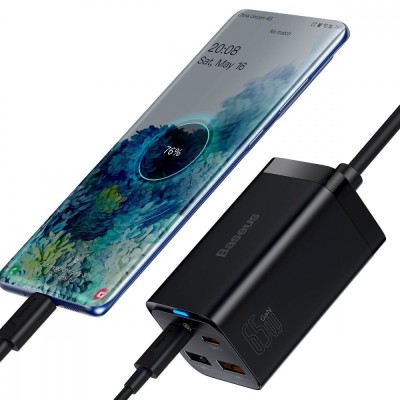 Зарядний Пристрій Baseus GaN3 Pro 65W (2 Type-C + 2 USB) + Cable Type-C to Type-C 100W (1m) (CCGP040101) Black