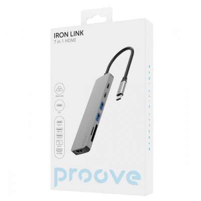 Type-C-Хаб Proove Iron Link 7 in 1 (2*Type-C + 2*USB3.0 + HDMI + SD/TF) (HBIL00222004) Silver