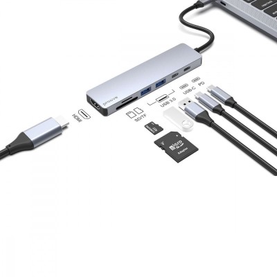 Type-C-Хаб Proove Iron Link 7 in 1 (2*Type-C + 2*USB3.0 + HDMI + SD/TF) (HBIL00222004) Silver