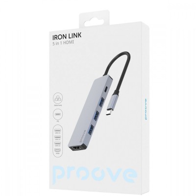 Type-C-Хаб Proove Iron Link 5 in 1 (3*USB3.0 + Tyce C + HDMI) (HBIL00010604) Silver