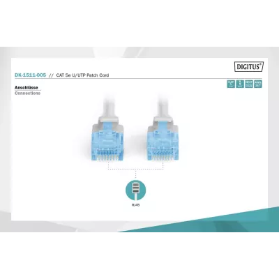 Патч-корд CAT 5e U-UTP, Cu, PVC AWG 26/7, довжина 0,5 м, колір сірий DK-1511-005 DIGITUS by ASSMANN