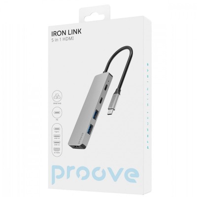 Type-C-Хаб Proove Iron Link 5 in 1 (2*Type-C + 2*USB3.0 + HDMI) (HBIL00222024) Silver