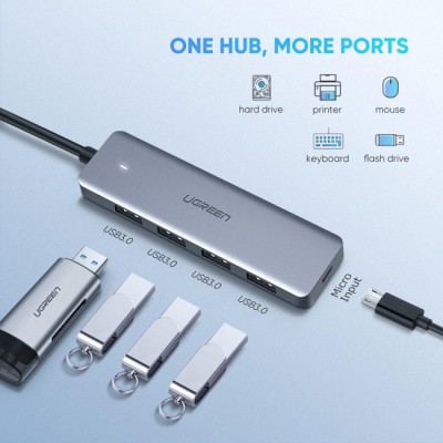 USB-хаб UGREEN CM219 4-in-1 USB Type-C To 4xUSB 3.0 HUB Space Gray (70336)