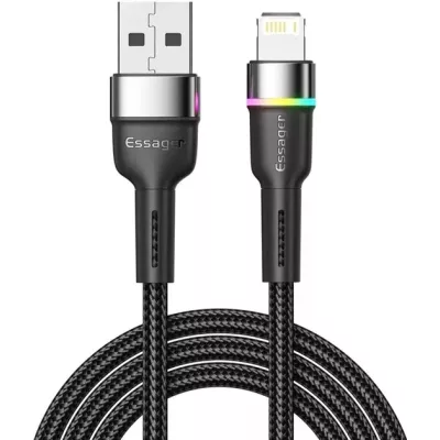 Кабель ESSAGER Colorful LED USB Cable Fast Charging 3A USB-A To Type C 1m (EXCT-XCD01) Black