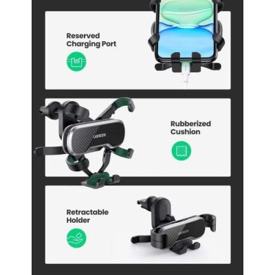 Автомобільний тримач UGREEN LP228 Gravity Drive Air Vent Car Mount Phone Holder With Arc-Shaped Mounting Clip (80871) Black