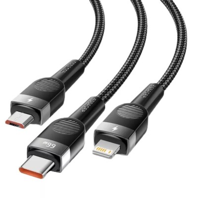 Кабель Essager Swift 3-in-1 USB Cable 66W Micro+ Type C + Lightning 1.2m (EXCMTL-XJ01) Black