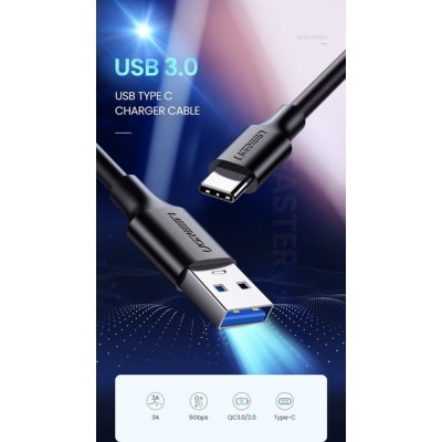 Кабель UGREEN US184 USB 3.0 To USB Type-C Male Cable Nickel Plating 3A 0.5m Black (20881)