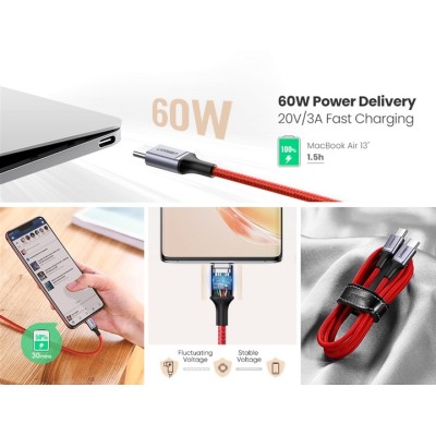 Кабель UGREEN US294 USB 2.0 Type C Male To Male Cable Aluminum Nickel Plating 1m Red (60186)