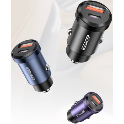Автомобільний Зарядний пристрій ESSAGER Gyroscope Mini Charger USB-A + Type-C 30W (ECCAC-TL03) Blue Автомобільний Зарядний пристрій ESSAGER Gyroscope Mini Charger USB-A + Type-C 30W (ECCAC-TL03) Blue