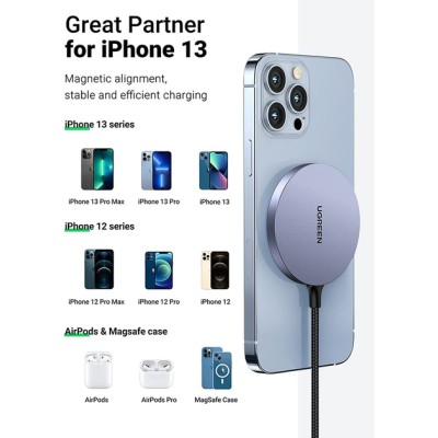 Бездротовий зарядний пристрій UGREEN CD245 Magnetic Wireless Charger 15W Max (30233) Gray