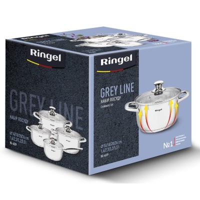 Набір посуду RINGEL Grey line Набір каструль 8 пр. ківш+кастр 1.6-5.5л нерж (RG-6009)