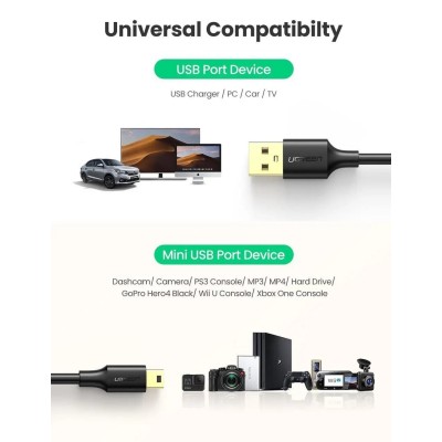 Кабель UGREEN US132 USB-А 2.0 Male To Mini USB 5pin Male Cable 2m (30472) Black