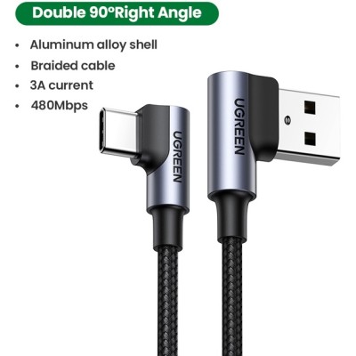 Кабель UGREEN US176 Angled USB 2.0 To Angled USB Type-C Cable Nickel Plating Aluminum Shell 3A 1m Black (20856)