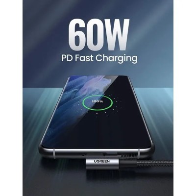 Кабель UGREEN US323 Angled USB Type-C To Angled USB Type-C 60W Cable Aluminum Case With Braided 3A 1m Black (70529)