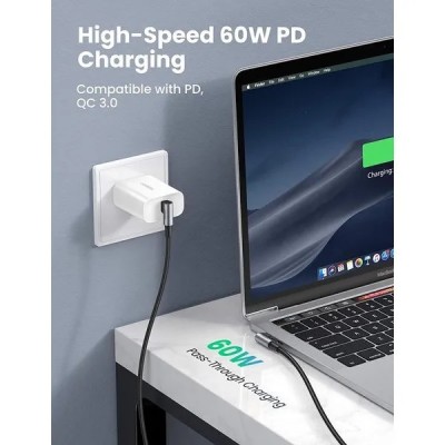 Кабель UGREEN US323 Angled USB Type-C To Angled USB Type-C 60W Cable Aluminum Case With Braided 3A 1m Black (70529)