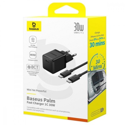 Зарядний Пристрій Baseus Palm Fast Charger Type-C 30W (With Cable Type-C to Type-C 60W 1m) (P10111605113-01) Black