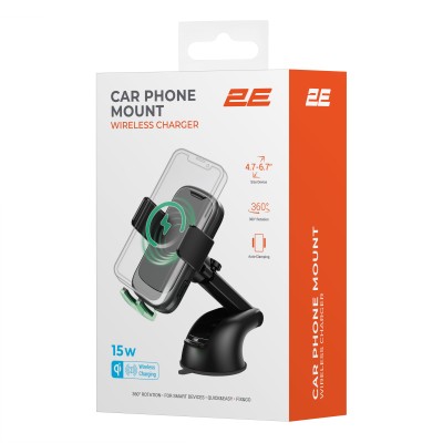 Автомобільний тримач смартфона 2Е автоматичний/бездротова зарядка 4.7-7", чорний (2E-WCQ01-10)